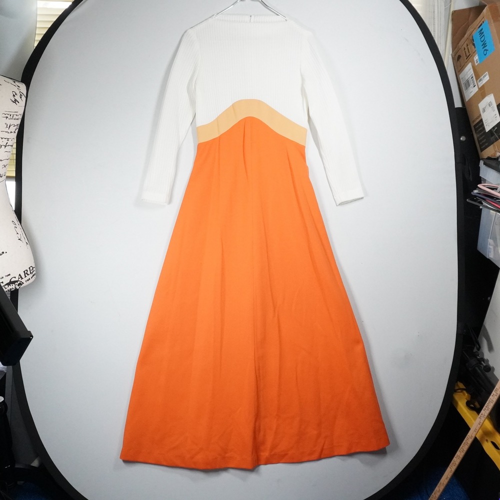 VTG 70s Helen Whiting Orange White Colorblock Mod Maxi Dress Long Sleeve Disco